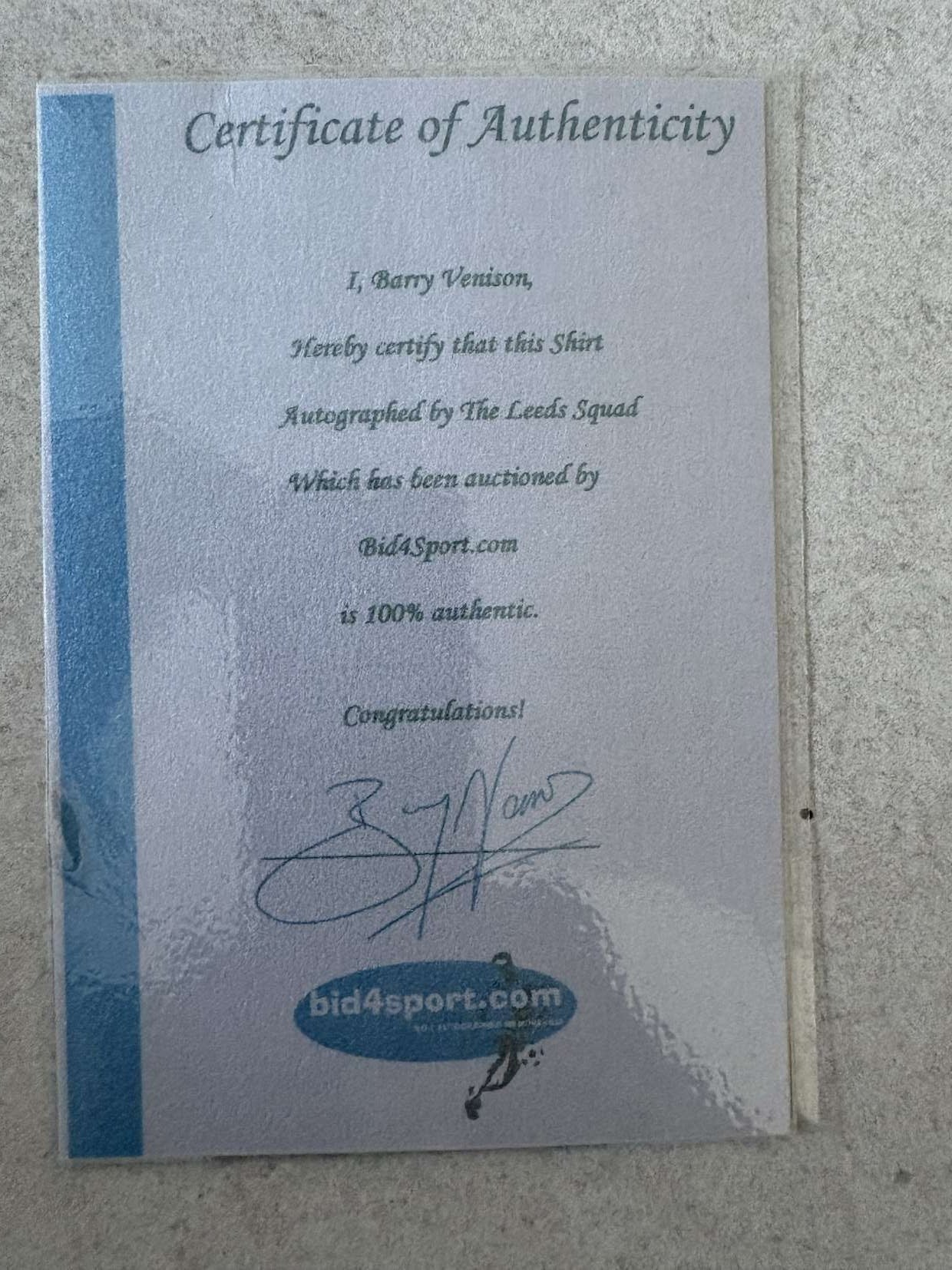 The Bid4Sport certificate signed by Barry Venison