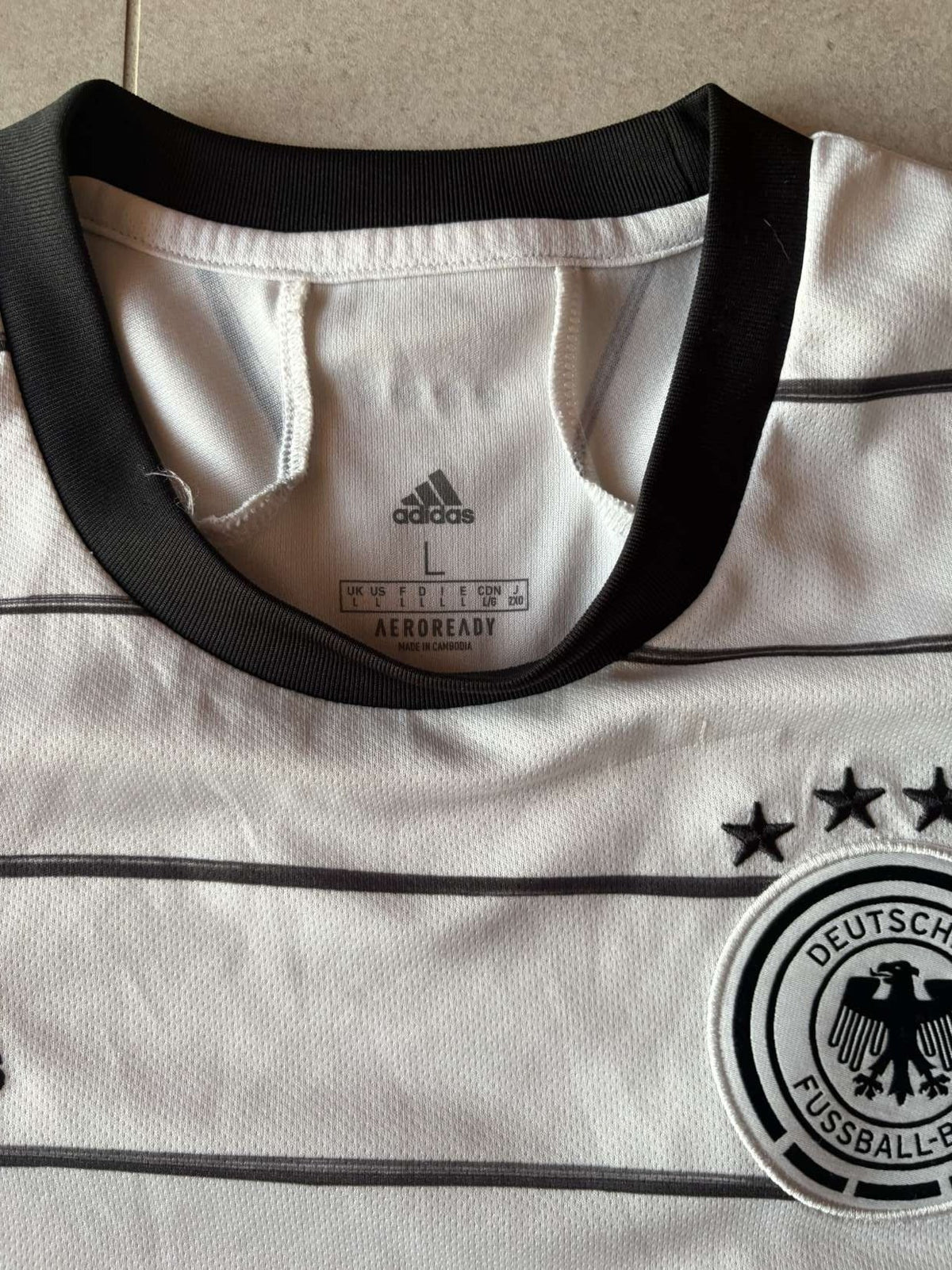 Neck detail on the 2020 Germany home shirt