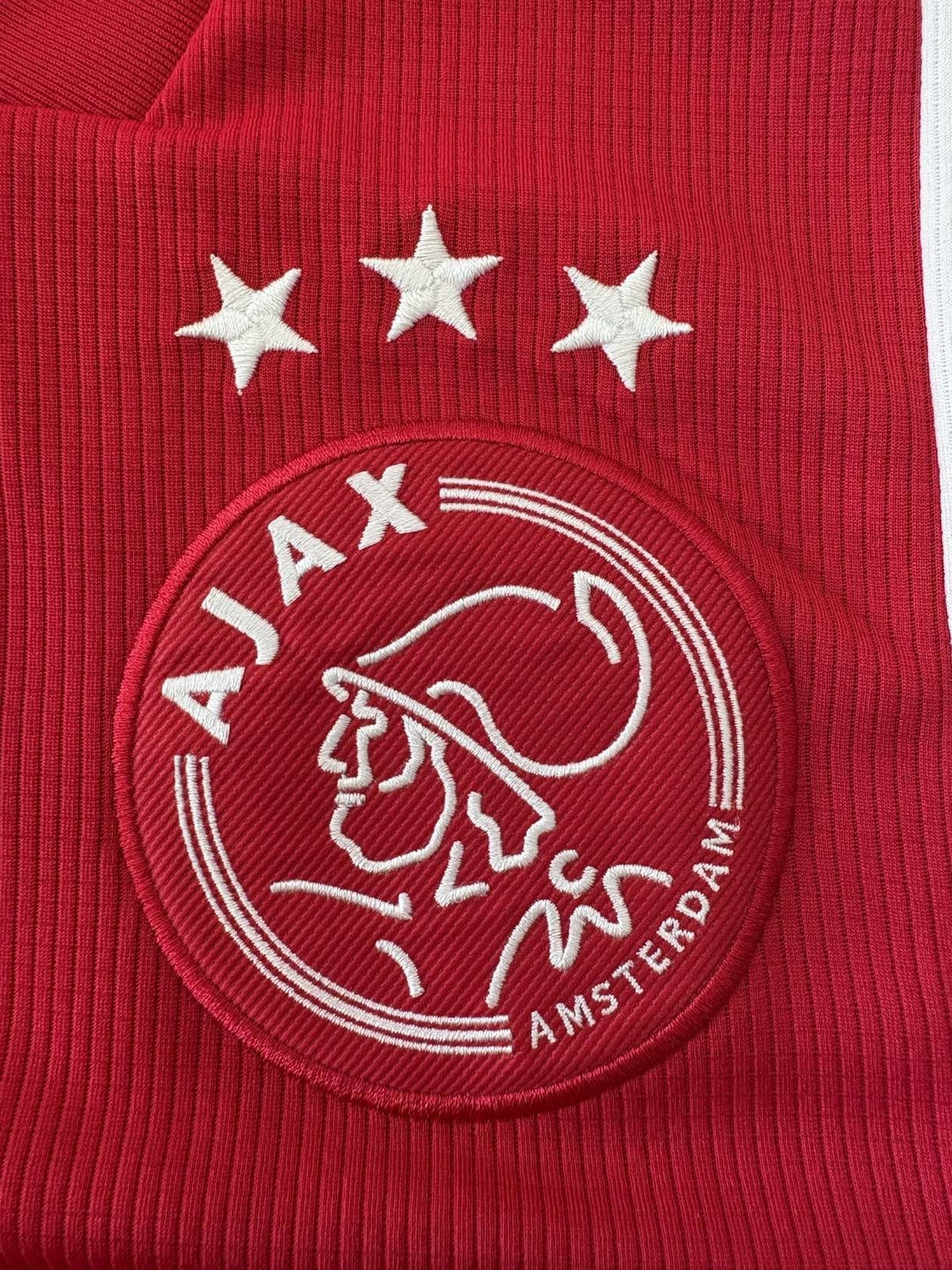 Ajax club crest on the 2020/21 home shirt