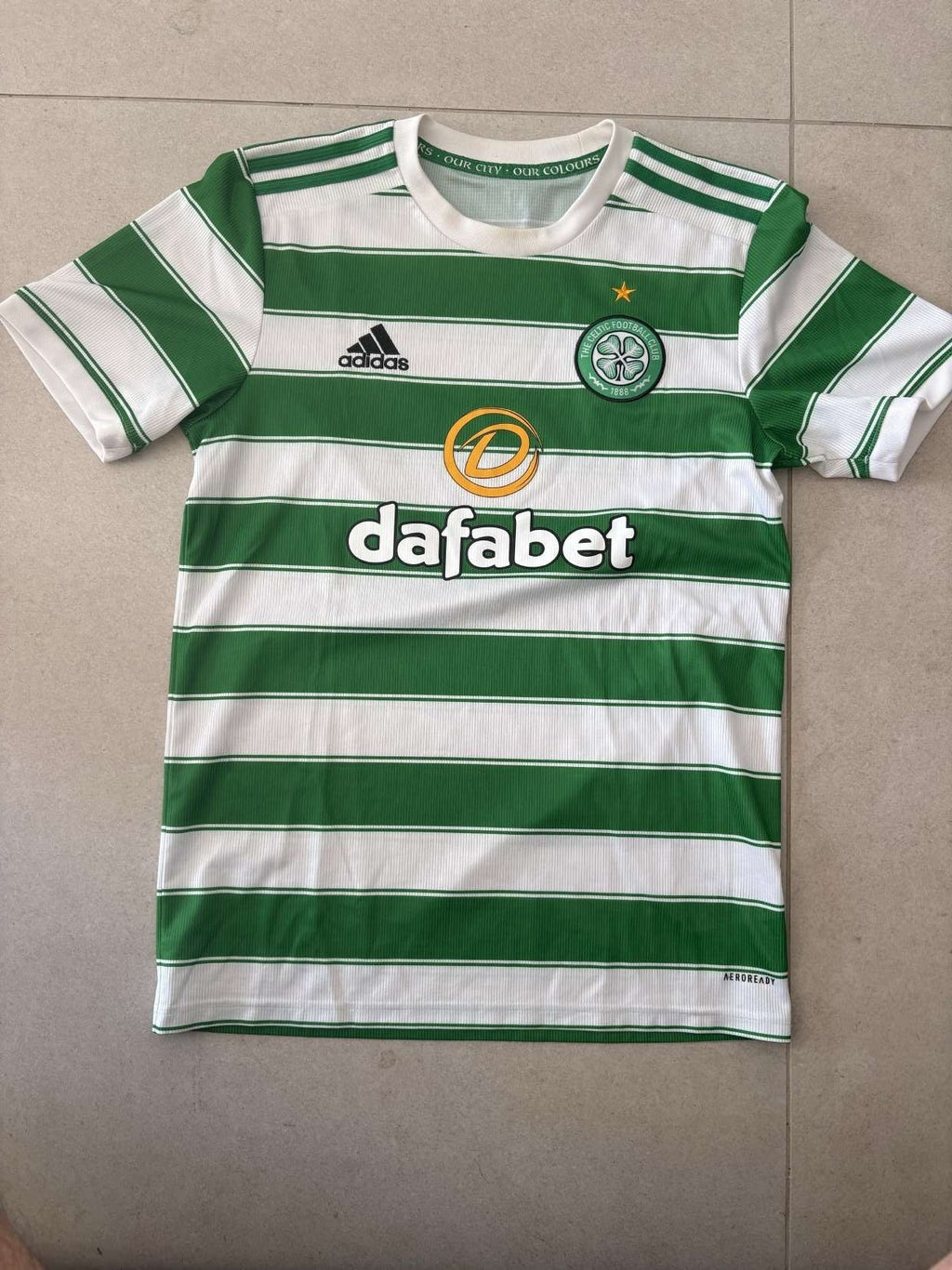 2021/22 Celtic home shirt in green and white hoops, front, adidas