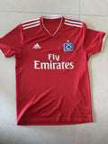 2018/19 Hamburger SV away shirt in red, front, adidas with Fly Emirates sponsor