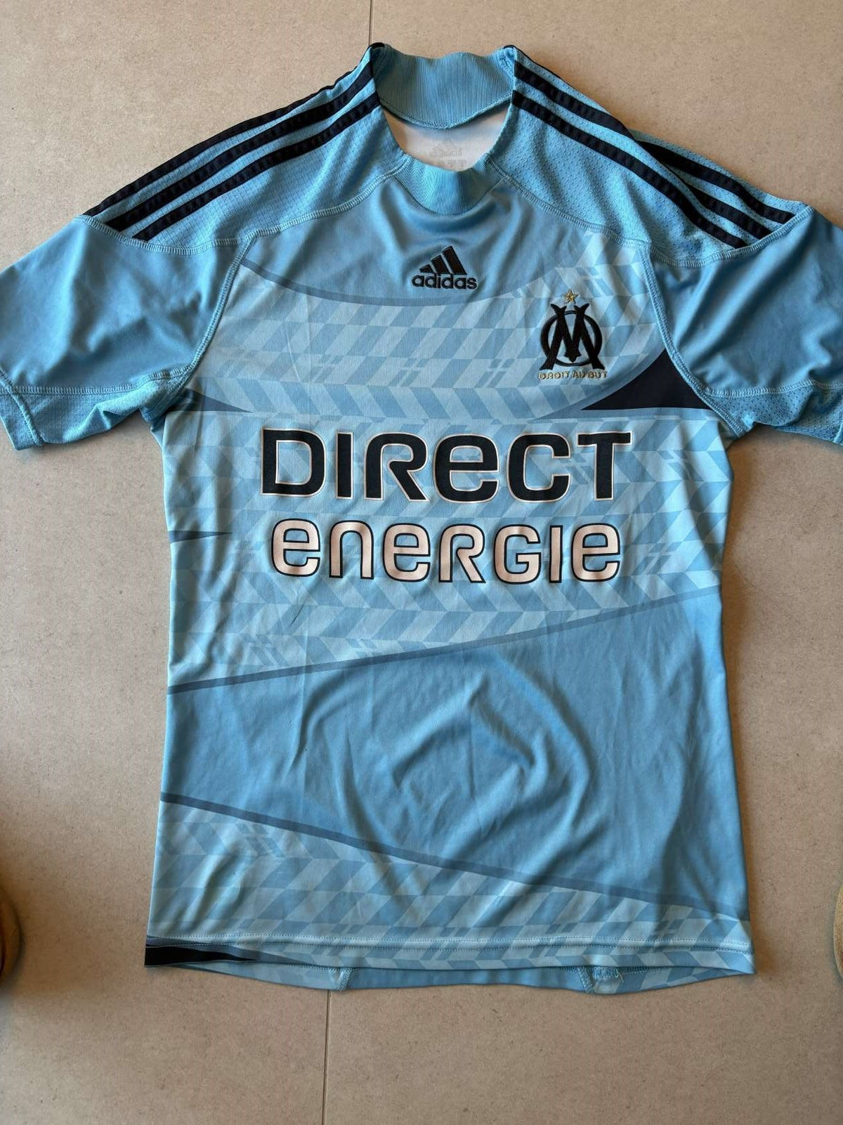 2009/10 Marseille away shirt in light blue, front, adidas with Direct Energie sponsor