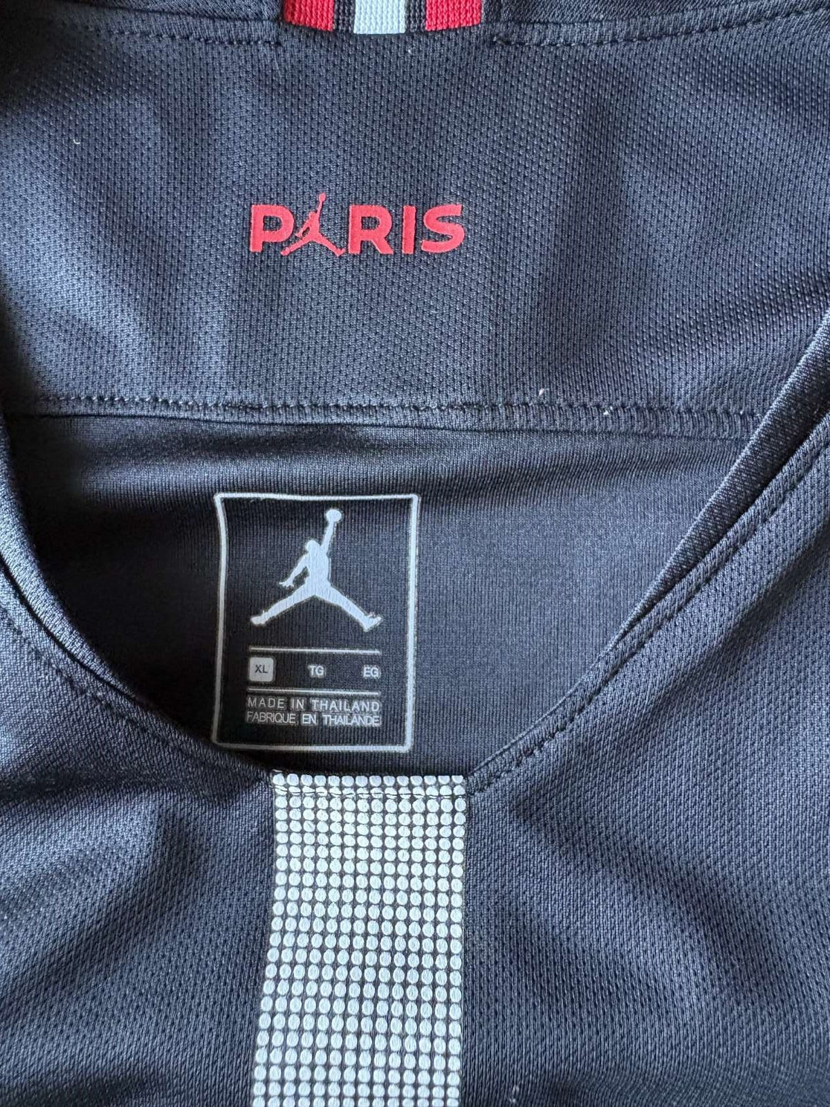 Neck detail on the 2018/19 Paris Saint-Germain Champions League shirt