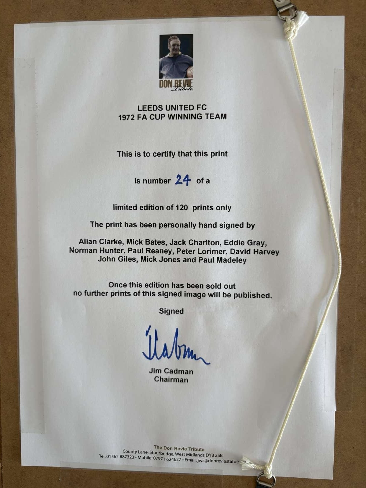Certificate of authenticity signed by Jim Cadman